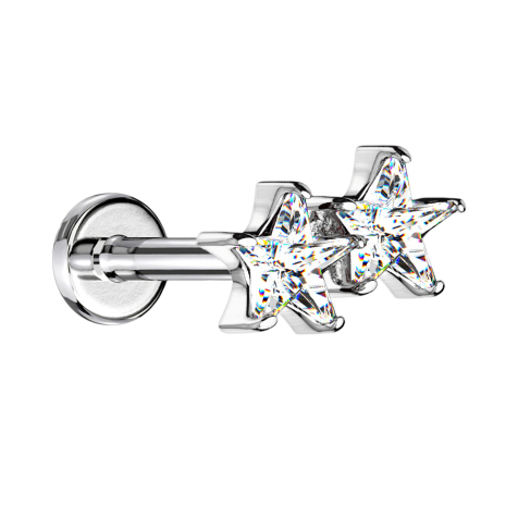 Micro labret femelle argenté double étoile de cristal argenté