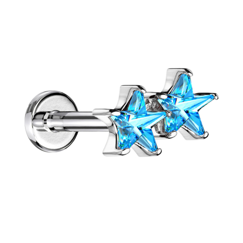 Micro labret internal thread silver double crystal star aqua
