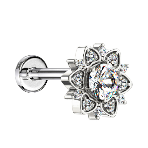 Micro labret internal thread silver heart flower with crystal