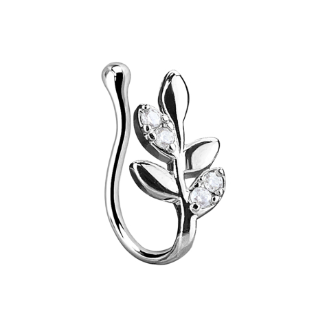 Faux piercing nasal clip argent branche dolivier avec cristal