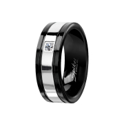 Ring black silver stripe with crystal