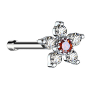 Clou de nez droit argenté fleur avec cristal rouge...