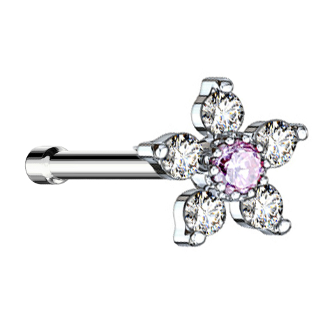 Nose stud straight silver flower with crystal pink and silver