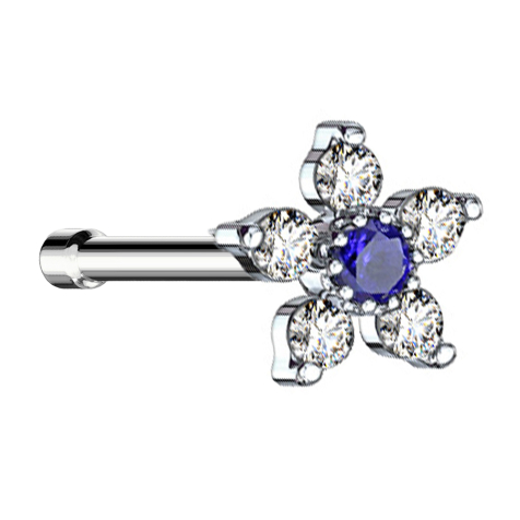 Nose stud straight silver flower with crystal blue and silver