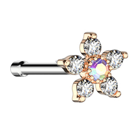 Clou de nez droit or rose fleur avec cristal multicolore et argent