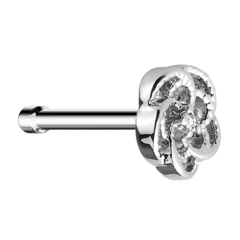 Clou nasal droit argenté fleur avec cristal au centre