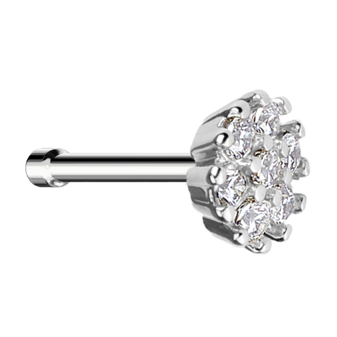 Clou de nez droit argenté fleur avec cristaux