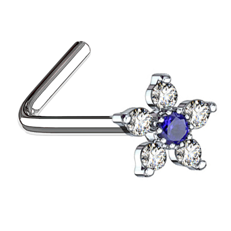 Clou de nez coudé argent fleur avec cristal bleu et argent