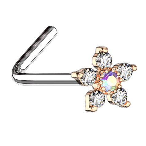 Clous de nez coudés or rose fleur avec cristal multicolore et argent