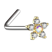 Clou de nez coudé doré fleur avec cristal...