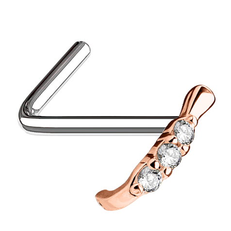 Angled rose gold caterpillar nose stud with crystals