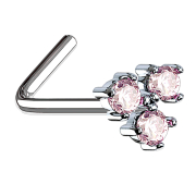 Angled silver nose stud with three pink crystals