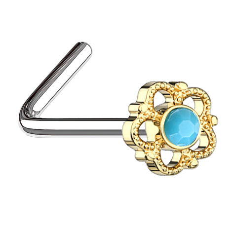 Angled gold-plated nose stud flower with turquoise stone