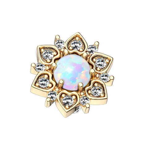 Dermal Anchor 14k vergoldet Herzblume mit Opal weiss
