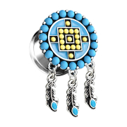 Flared plug Aztec tribal turquoise stones with pendant