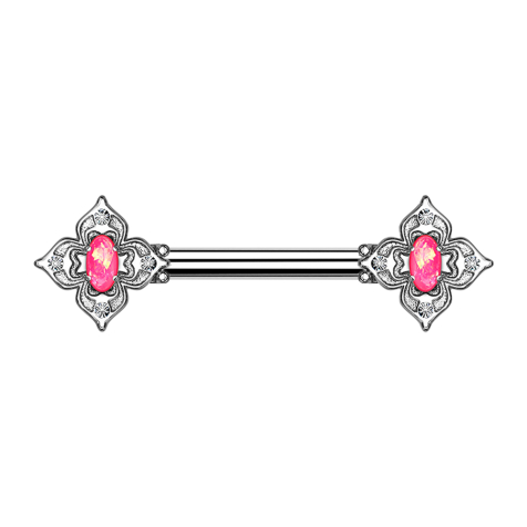 Barbell argent carré de fleurs filigrane avec opale rose
