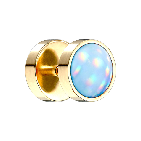 Fake Plug vergoldet mit Opalite blau