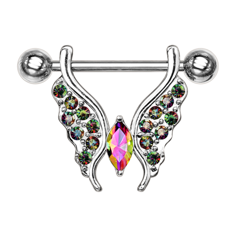 Barbell silver butterfly with crystals dark multicolor