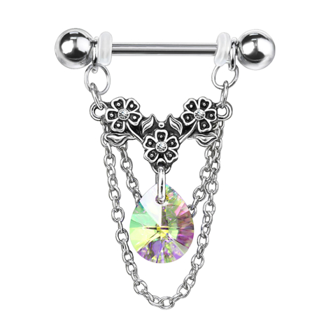 Barbell argent fleurs avec cristal multicolore et pendentif chaîne
