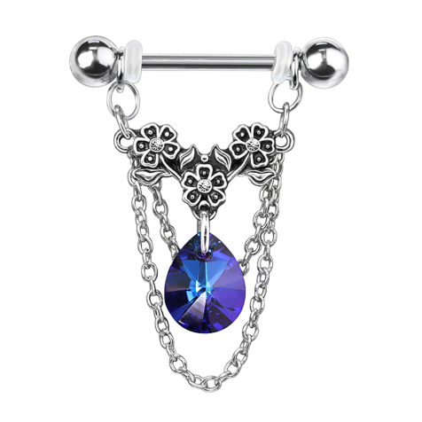 Barbell silver flowers with crystal aqua and pendant chain