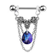 Barbell silver flowers with crystal aqua and pendant chain