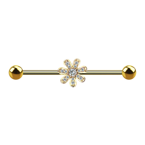 Barbell 14k gold-plated with flower and crystals
