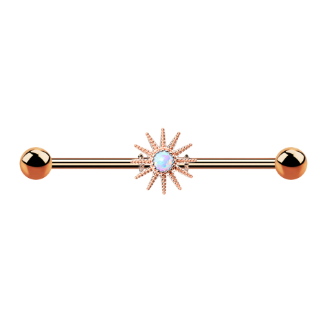 Barbell in oro rosa con raggi di sole e opale bianco