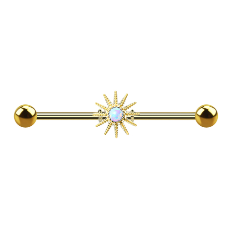 Barbell en or 14k avec rayons de soleil et opale blanche