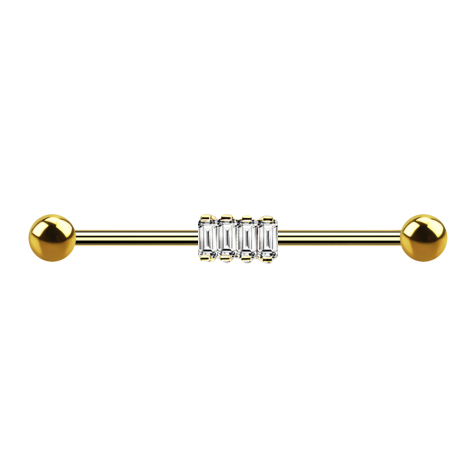Barbell 14k gold-plated with four square crystals