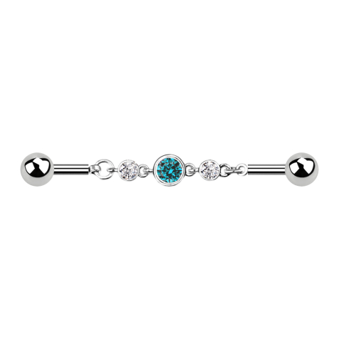 Barbell argent chaîne avec trois cristaux aqua