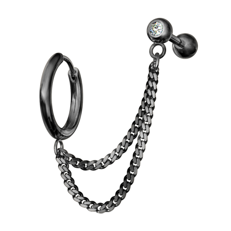 Earring black double chain micro barbell with ball and crystal