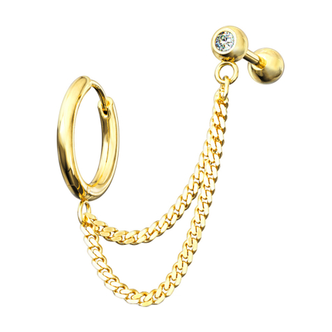 Boucle doreille plaqué or double chaîne Micro Barbell avec boule et cristal