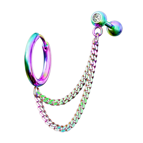 Boucle doreille colorée double chaîne Micro Barbell avec boule et cristal
