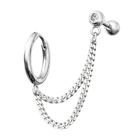 Ohrring silber Doppelkette Micro Barbell mit Kugel und Kristall