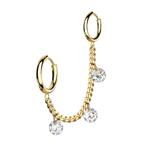 Gold-plated earring necklace with earring and three crystals