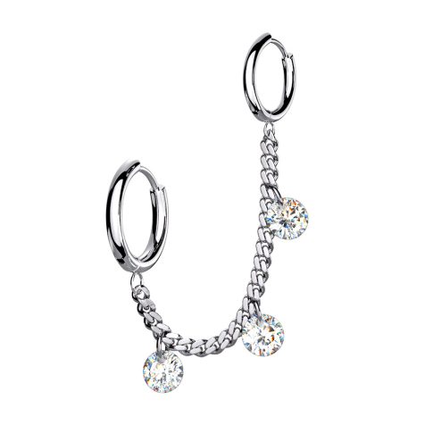 Boucle doreille argent Chaîne avec boucle doreille et trois cristaux