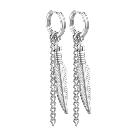Earring silver pendant feather with chain