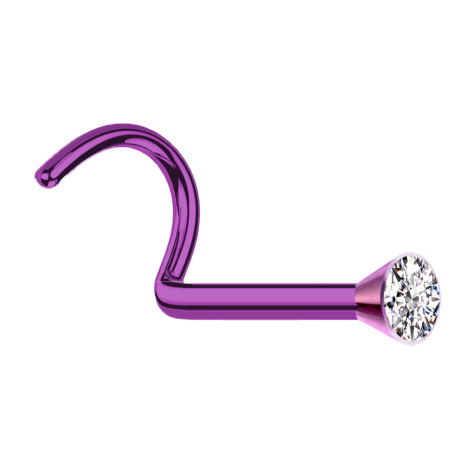 Curved violet nose stud with silver crystal