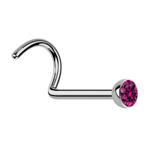 Nose stud bent silver hemisphere crystal fuchsia