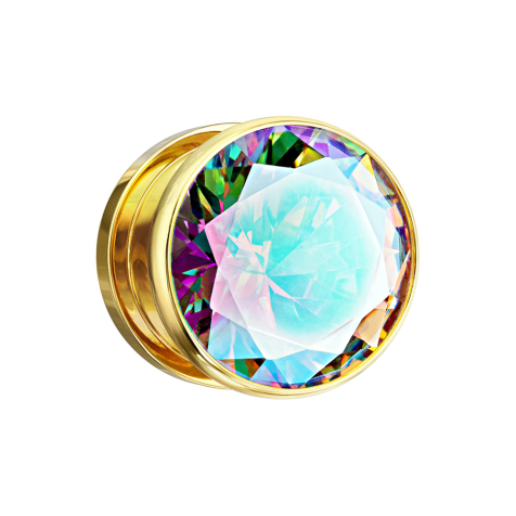 Flesh Plug vergoldet mit grossem Kristall multicolor