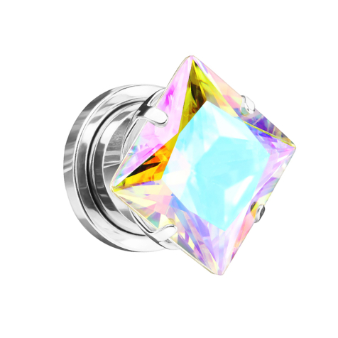 Flesh Plug silber mit quadrat Kristall multicolor