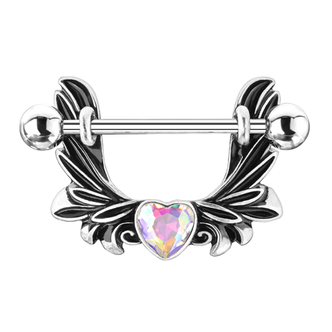 Barbell silver angel wings heart crystal multicolor