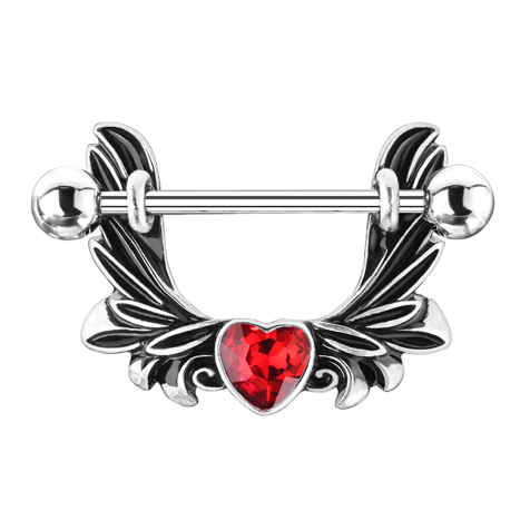 Barbell silver angel wings heart crystal red