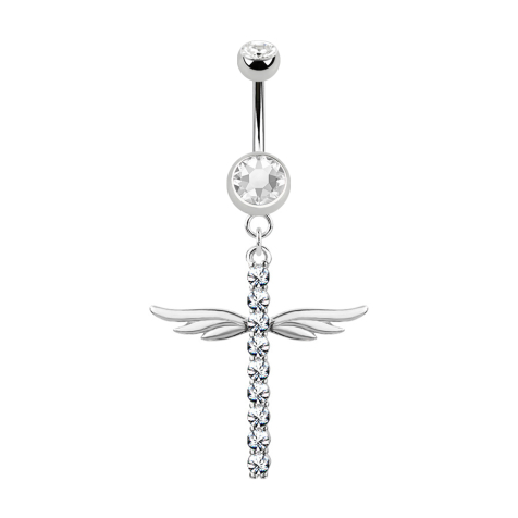 Banane silber mit Anhänger Kreuz mit Flügel und Kristallen