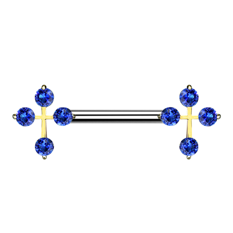Barbell 14k doré croix avec cristal bleu