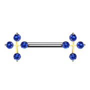 Barbell 14k doré croix avec cristal bleu