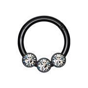 Micro segment ring hinged black three beads crystals silver