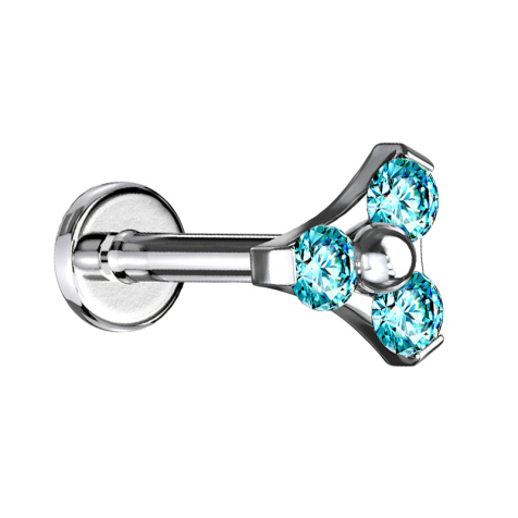 Micro labret internal thread silver triangle three crystals aqua