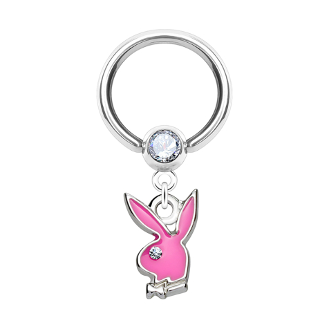 Anello con chiusura a microsfera in argento e cristallo con ciondolo Playboy Bunny rosa