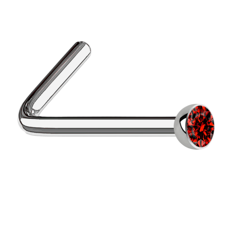 Angled nose stud, silver, half sphere, red crystal